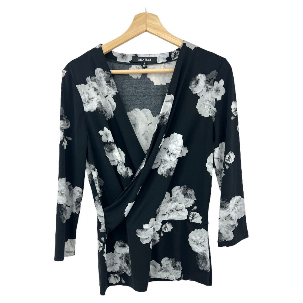 Ellen Tracy SMALL Womens Black Floral 3/4 Sleeve Stretchy V Neck Blouse Top